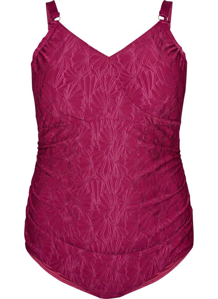 Badedragt med wrapdetalje og tone-i-tone blomsterstruktur, R&oslash;d, Packshot image number 0