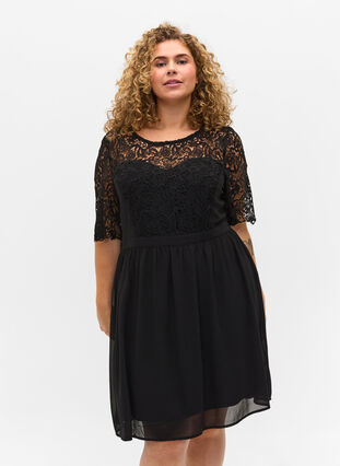 Kortærmet kjole med blondeoverdel, Black, Model image number 0