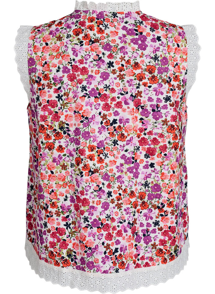 &AElig;rmel&oslash;s bomuldsbluse med blomsterprint og broderie anglaise, Lyser&oslash;d, Packshot image number 1