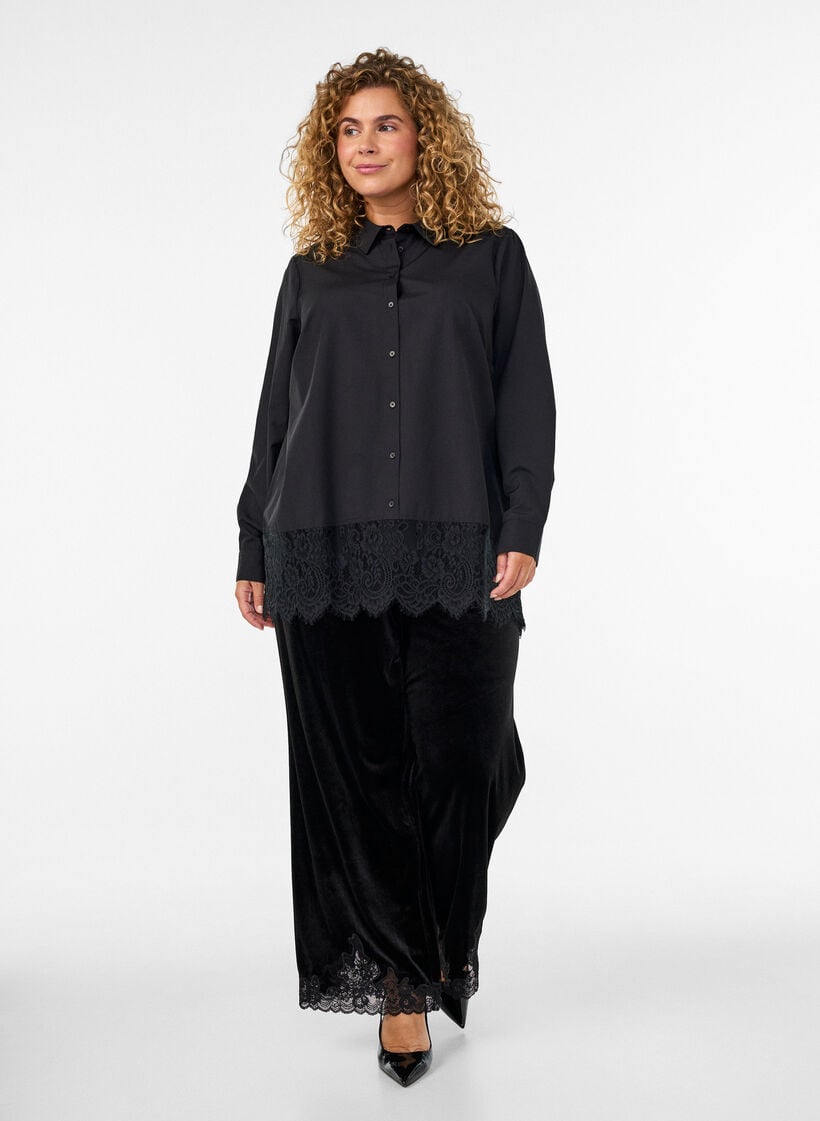 L&oslash;s skjorte med bred blondekant, Sort, Model image number 1