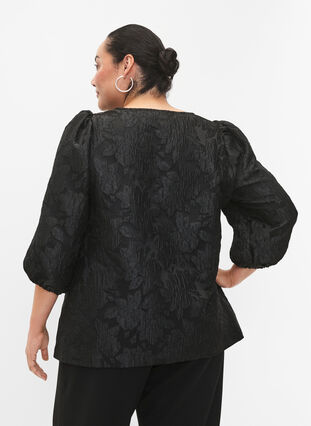 Bluse i jacquard med 3/4 ærmer, Black, Model image number 1