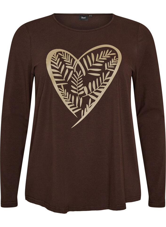 Natbluse i bomuld med hjerteprint, Brun, Packshot image number 0