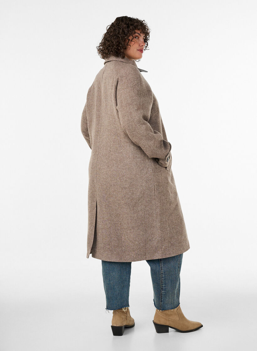 Lang uldfrakke med h&oslash;j krave og dobbeltradet design, Brun, Model image number 2