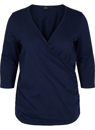 Bomulds bluse med 3/4 ærmer og wrap, Night Sky, Packshot image number 0
