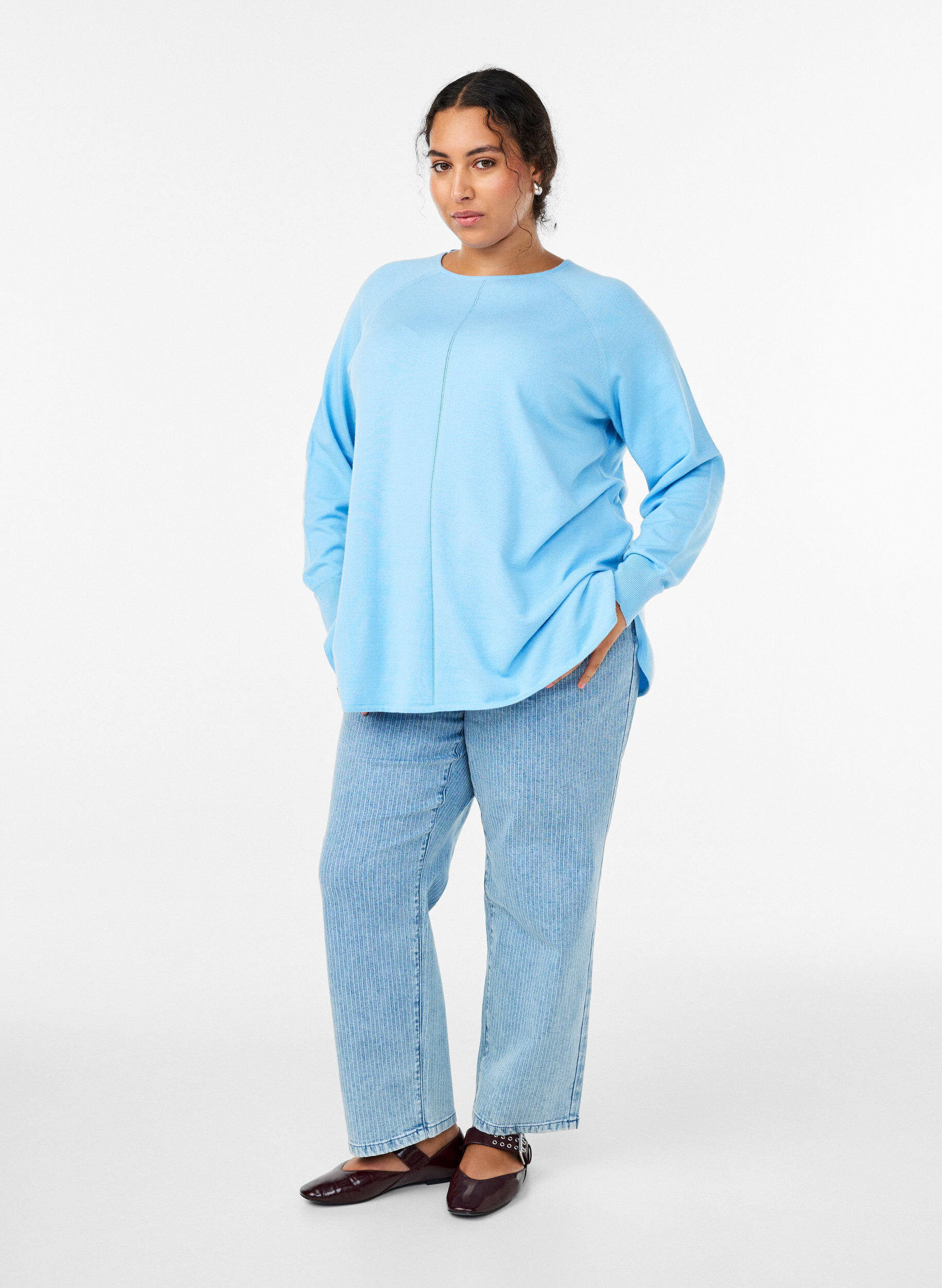 ZizziStrikbluse med rund hals og strikket m&oslash;nster, Bl&aring;, Model image number 1