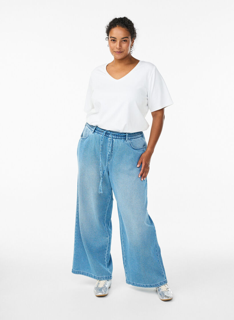 Loose fit jeans med elastisk talje og bindeb&aring;nd, Bl&aring;, Model image number 0
