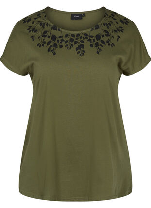 Bomulds t-shirt med printdetaljer, Ivy Green Mel Leaf, Packshot image number 0