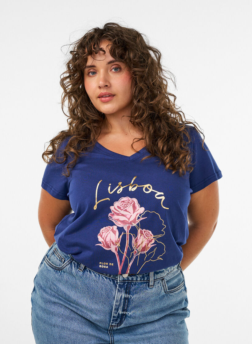 T-shirt i bomuld med frontprint og V-hals, Bl&aring;, Model image number 0