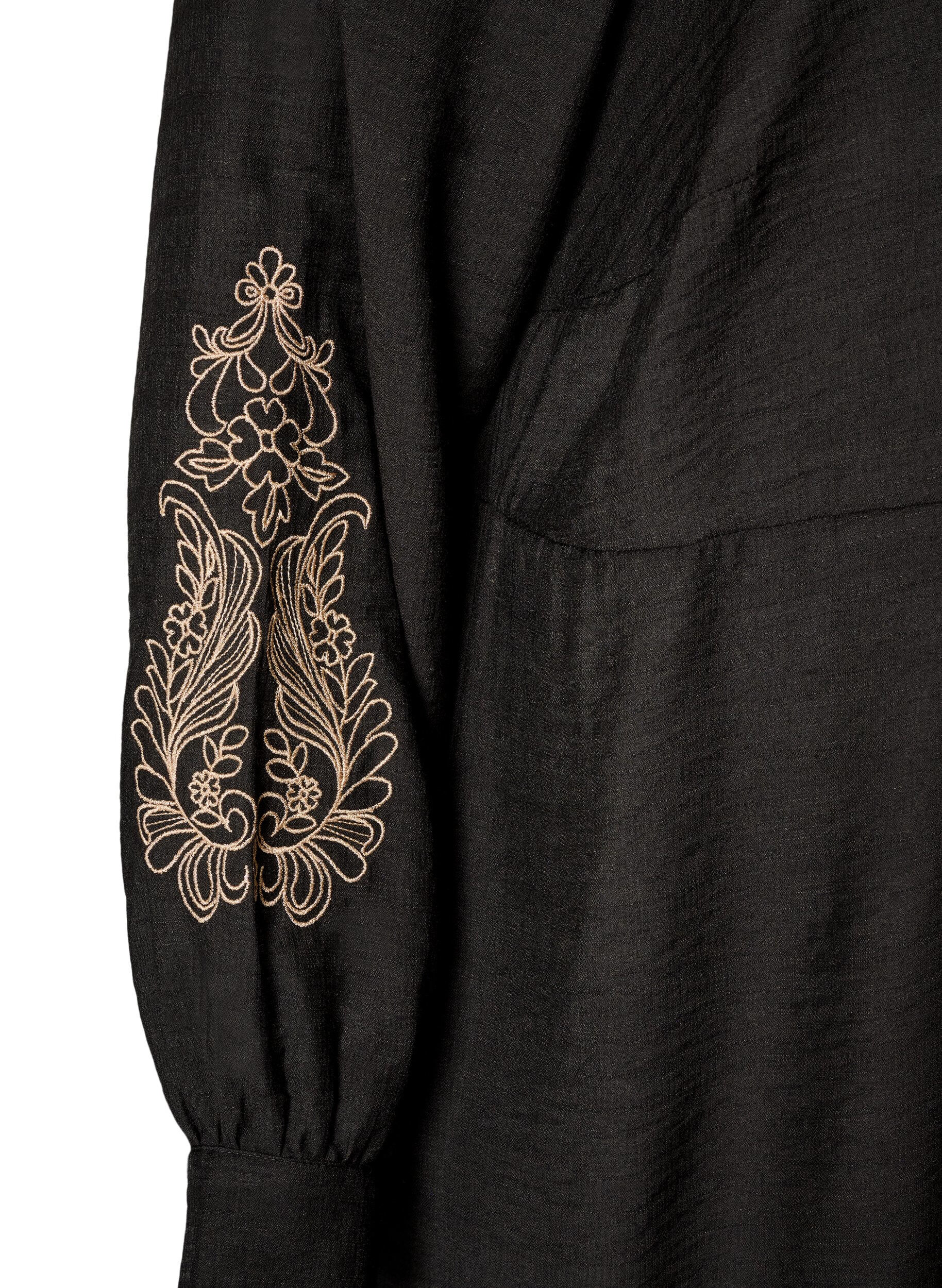 ZizziViskosekjole med broderi og fl&aelig;selag, Sort, Packshot image number 3