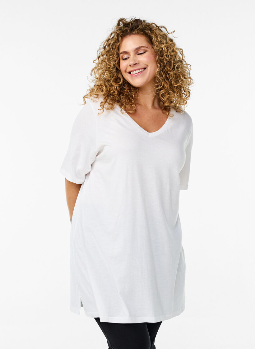 Ensfarvet oversize t-shirt med v-hals, Hvid, Model image number 0