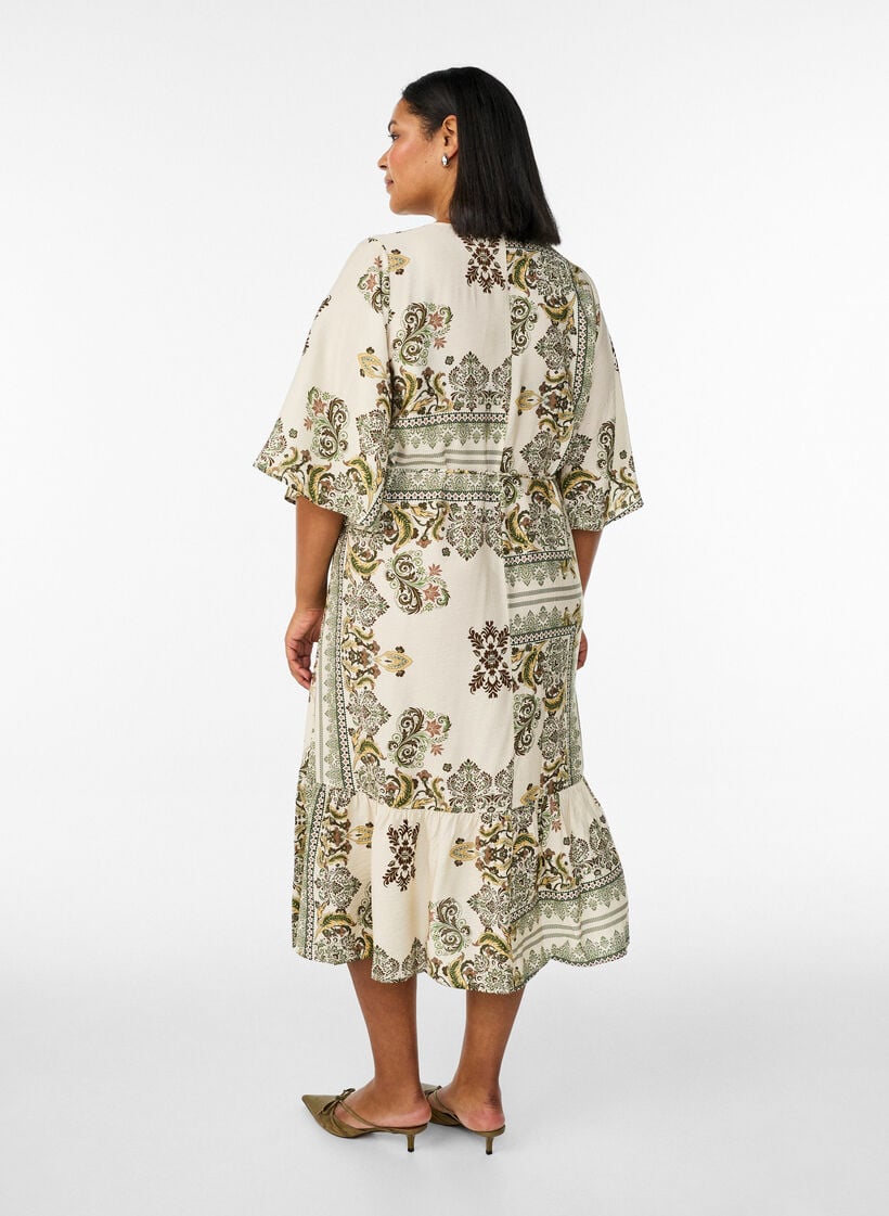 M&oslash;nstret midikjole i viskose med bindeb&aring;nd, Gr&oslash;n, Model