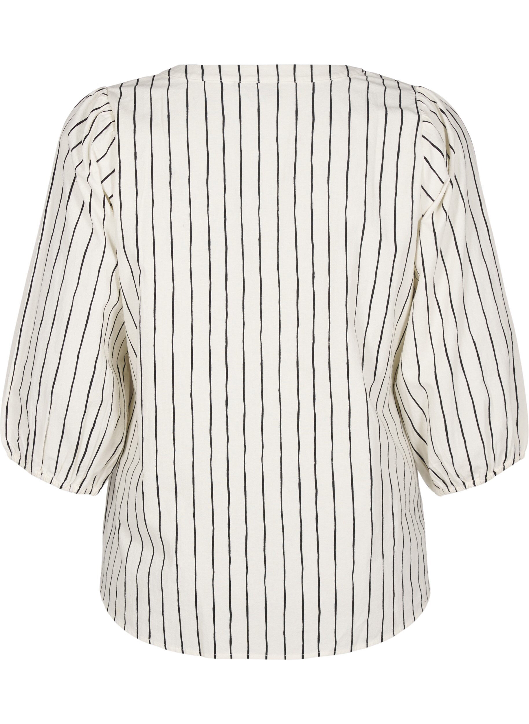 Zizzi 3/4 &aelig;rmet bluse i bomuld med striber, Eggnog Black Stripe, Packshot image number 1