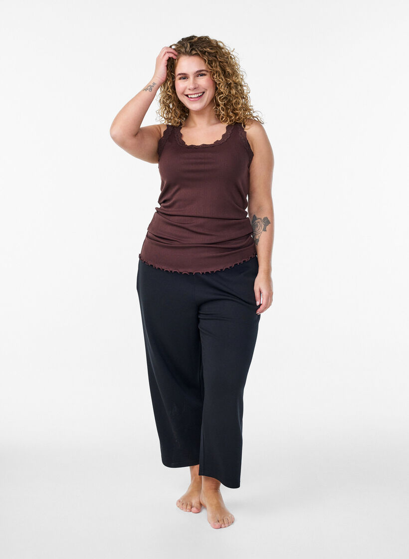 Tanktop med blondekanter og hulm&oslash;nster, Brun, Model image number 1