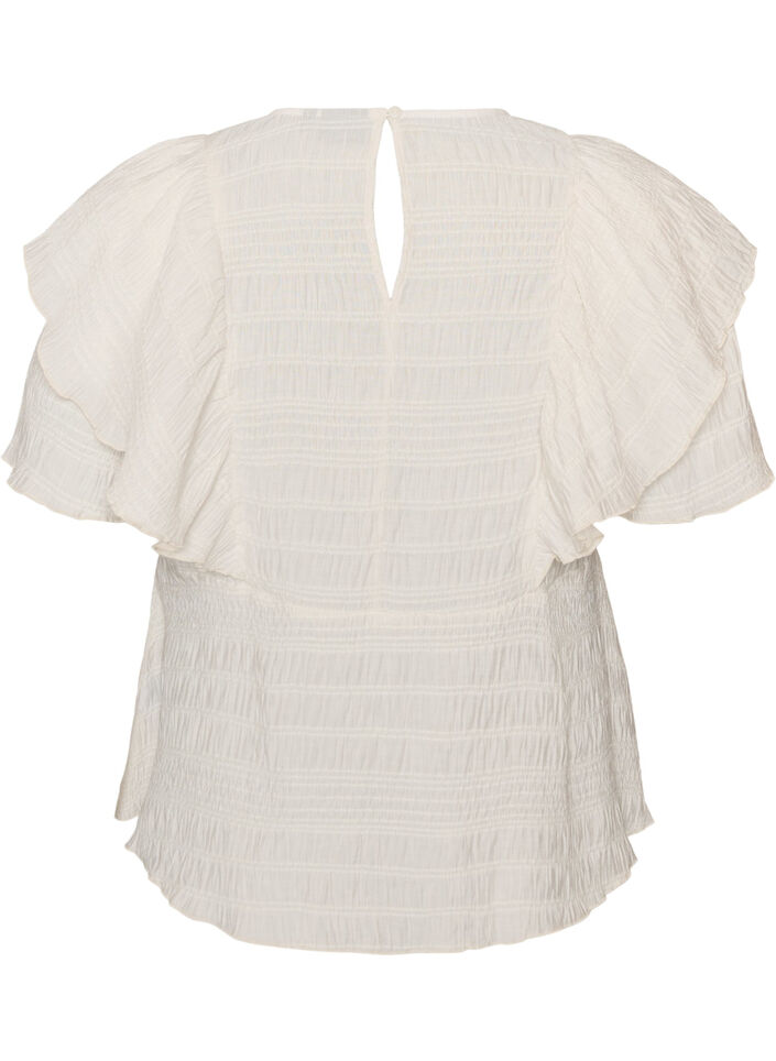 Bluse med smock-struktur og fl&aelig;se&aelig;rmer, Vanilla, Packshot image number 1