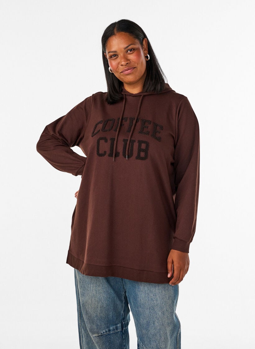 Hoodie med frott&eacute;-inspireret tekstmotiv, Brun, Model image number 0
