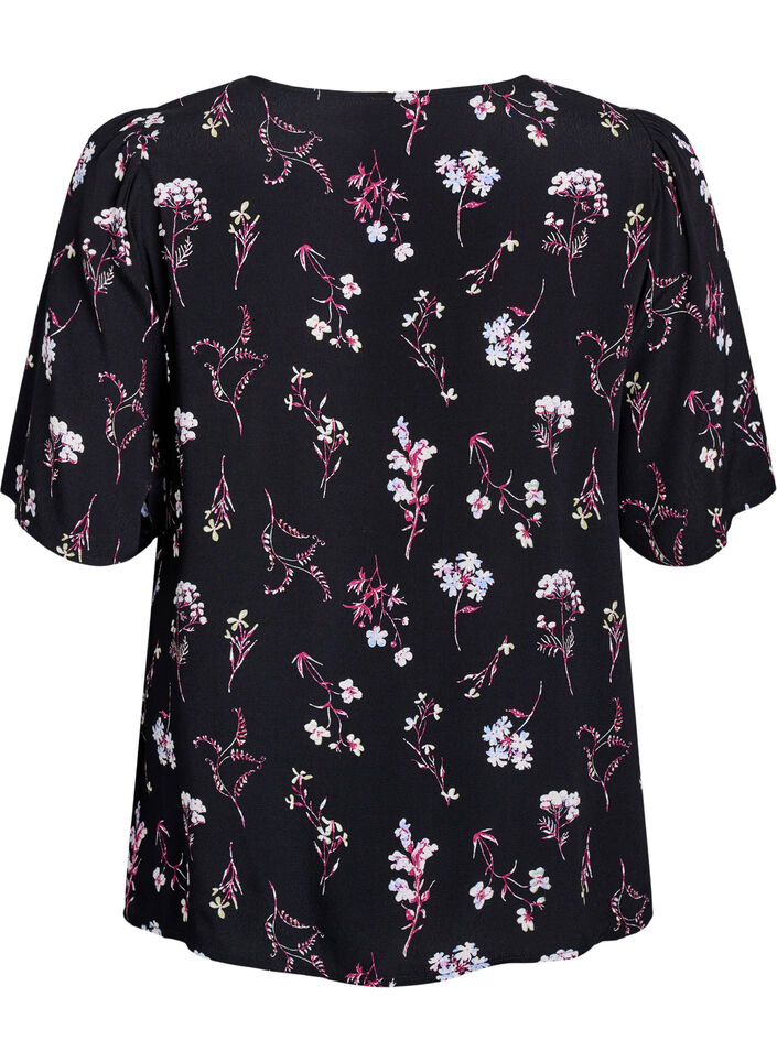 Blomstret bluse med korte &aelig;rmer, Sort, Packshot image number 1