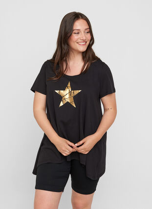Kortærmet bomulds t-shirt med a-form, Black STAR, Model image number 0