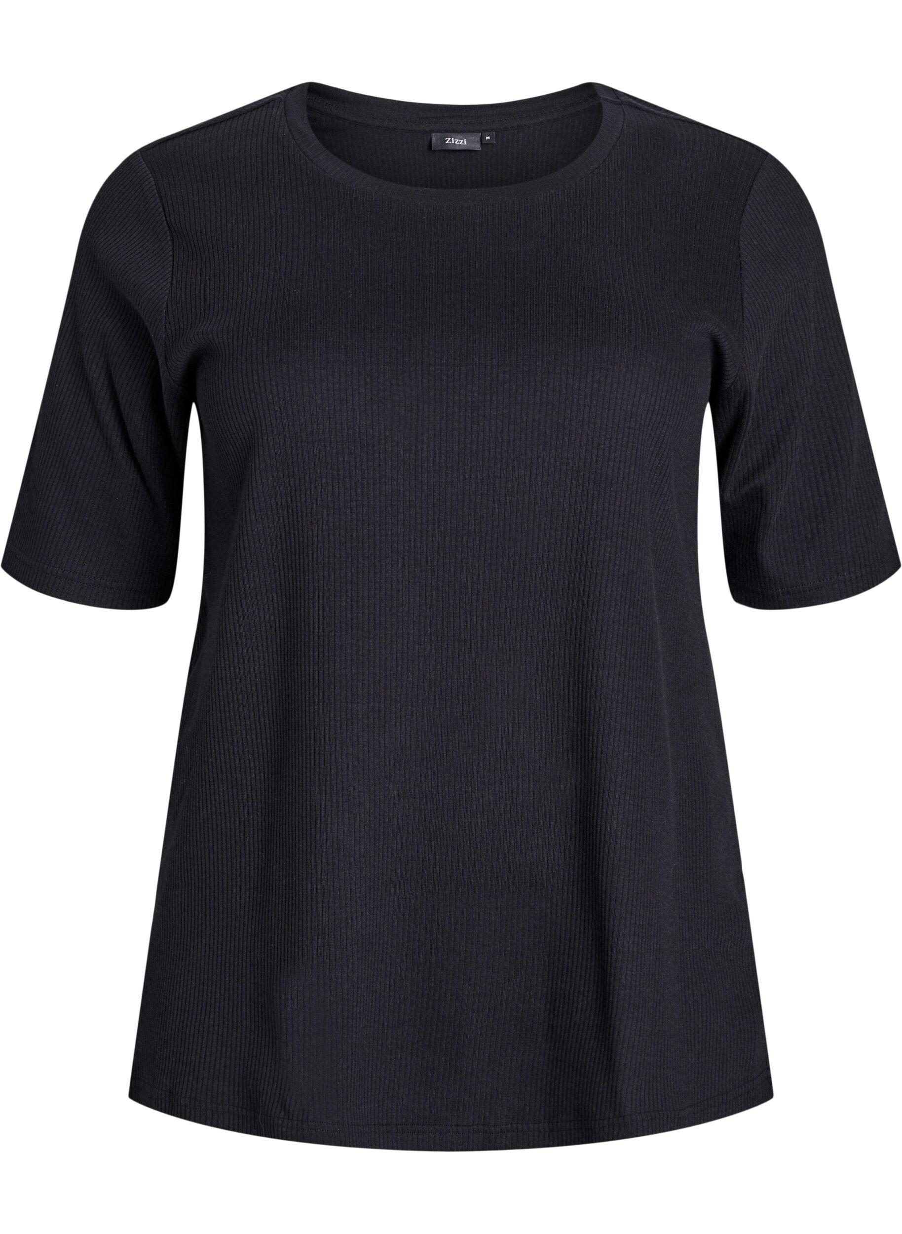 Ribbet jerseybluse med korte &aelig;rmer