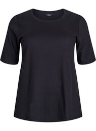 Ribbet jerseybluse med korte &aelig;rmer, Sort