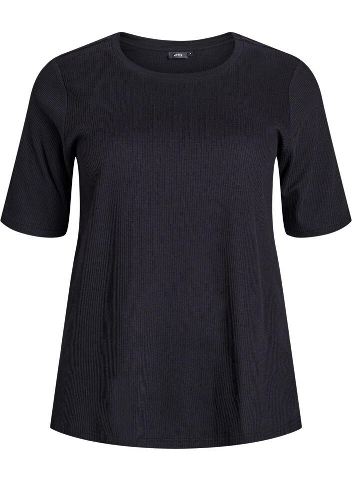 Ribbet jerseybluse med korte &aelig;rmer, Sort, Packshot image number 0
