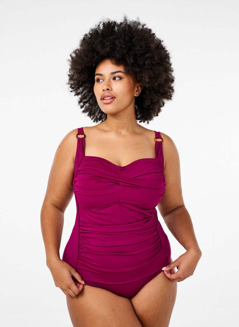 Vatteret badedragt med draperinger, Rød, Model image number 0