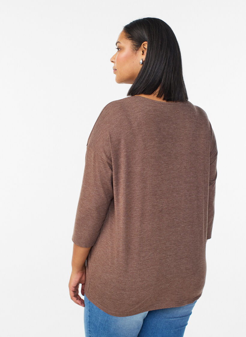 Jerseybluse med 3/4 &aelig;rmer, Brun, Model image number 2