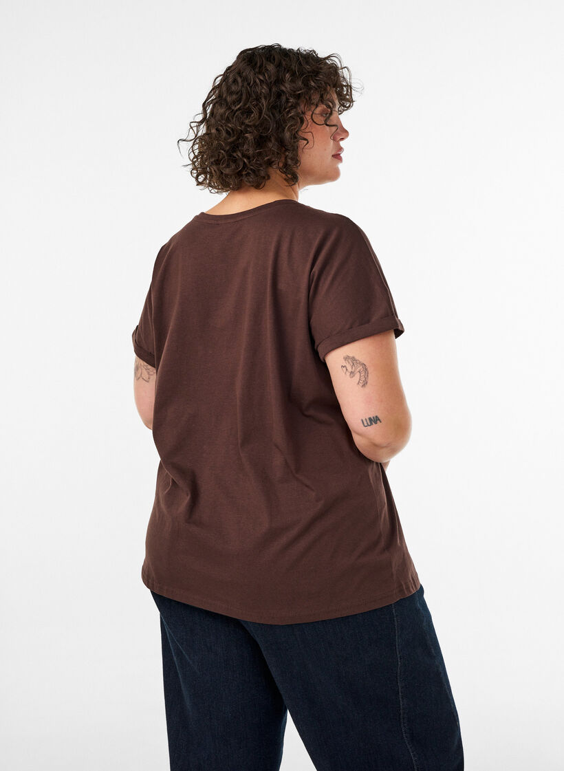 T-shirt i bomuld med blomstermotiv, Brun, Model image number 2