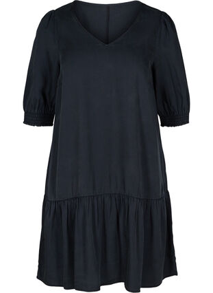 Kjole med v-hals og smock, Black, Packshot image number 0
