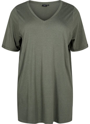 Ensfarvet oversize t-shirt med v-hals, Thyme, Packshot image number 0
