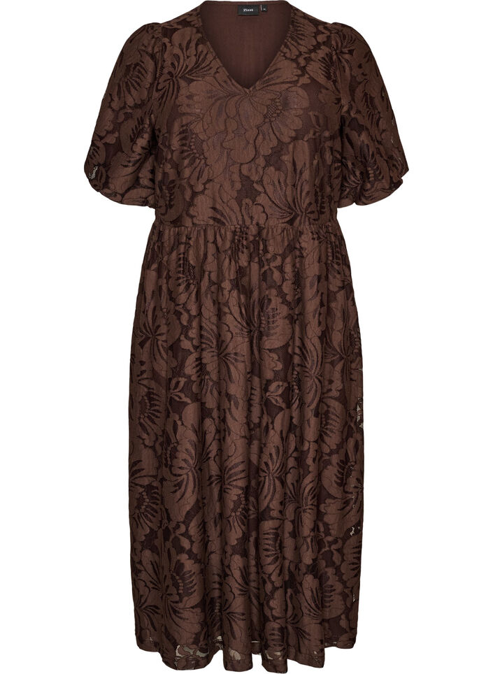 Midikjole med blomsterjacquard, Brun, Packshot image number 0