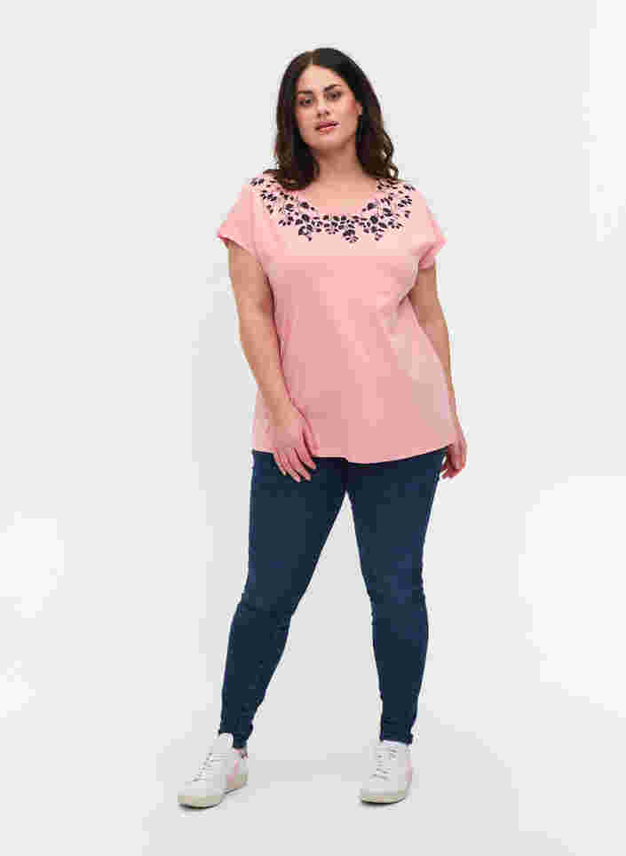 Bomulds t-shirt med printdetaljer, Blush mel Leaf, Model image number 2