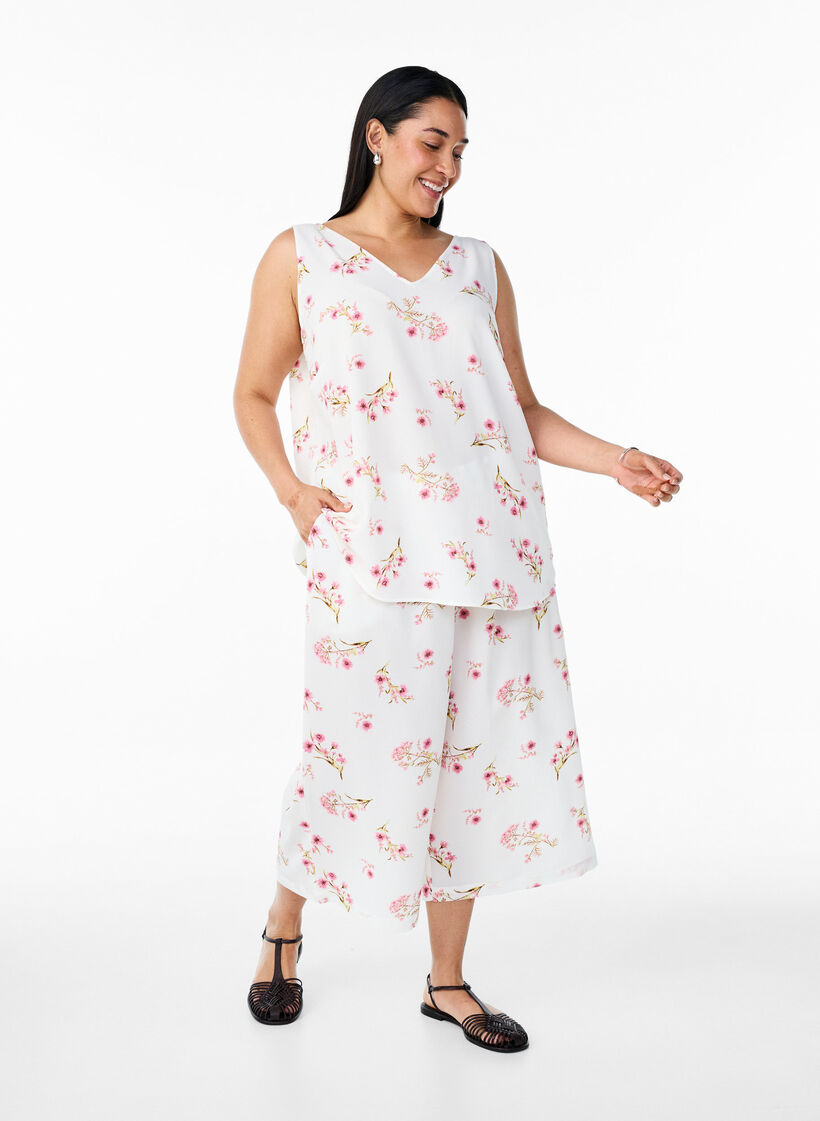 Printet top med v-hals , Hvid, Model image number 1