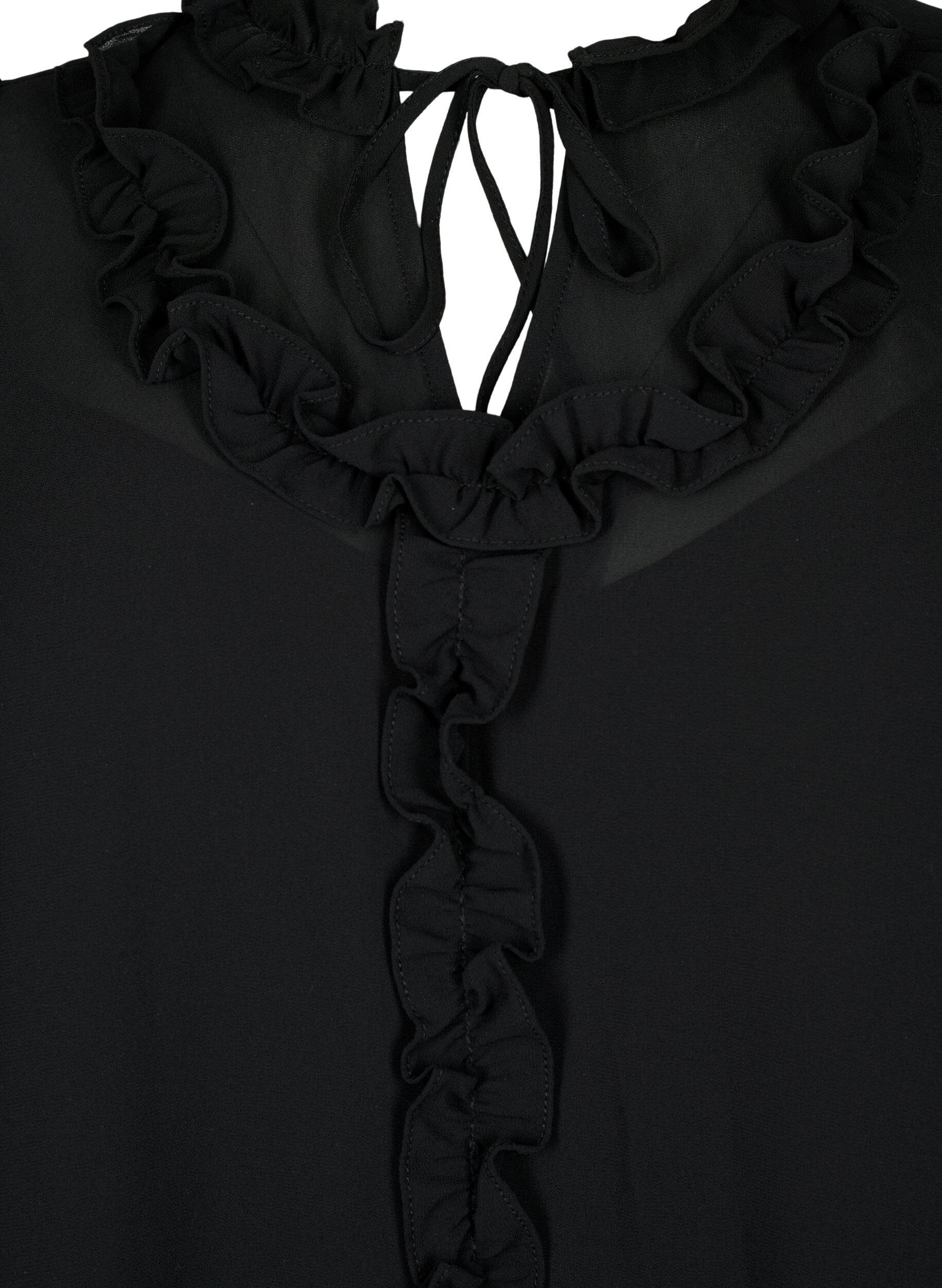 Zizzi Chiffonkjole med a-snit og fl&aelig;sedetaljer, Black, Packshot image number 2