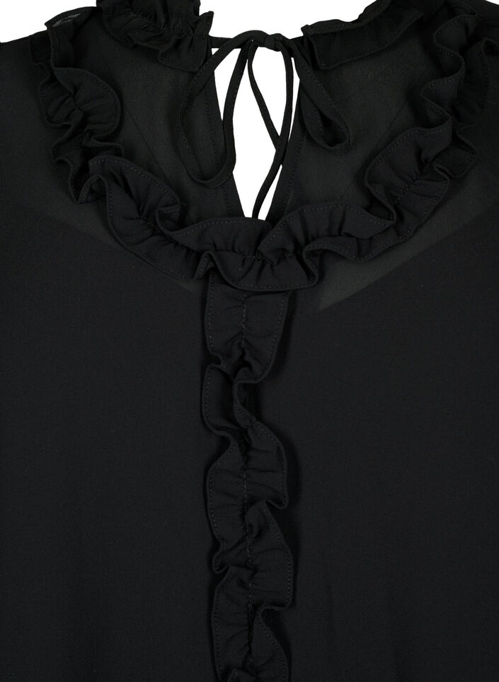 Chiffonkjole med a-snit og flæsedetaljer, Black, Packshot image number 2