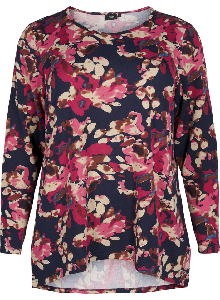 Blomstret bluse med lange ærmer, Blå, Packshot image number 0