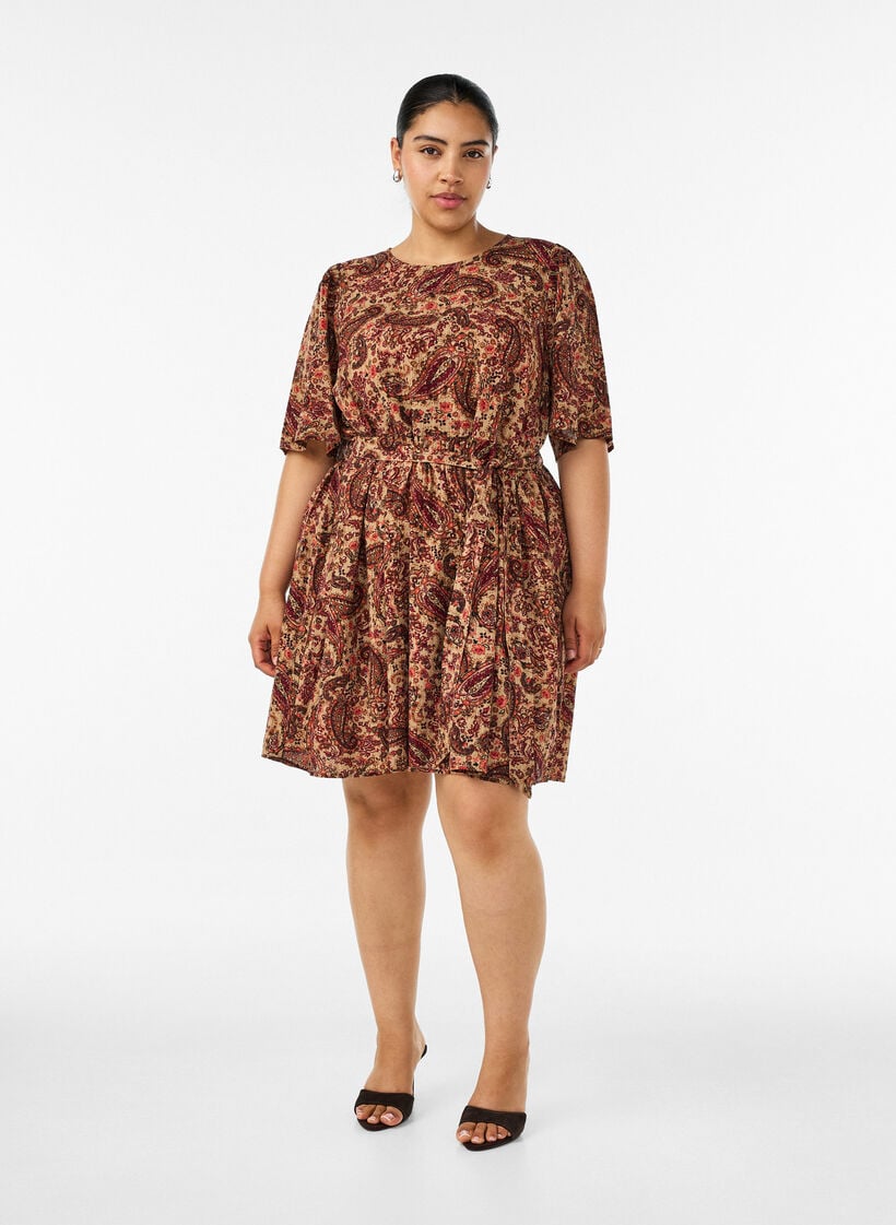 Kjole med paisleyprint og bindeb&aring;nd, Brun, Model image number 1