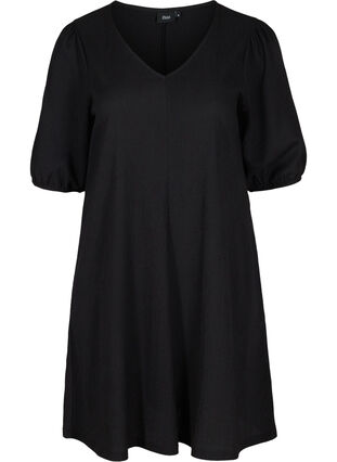 Kjole med pufærmer og v-hals, Black, Packshot image number 0