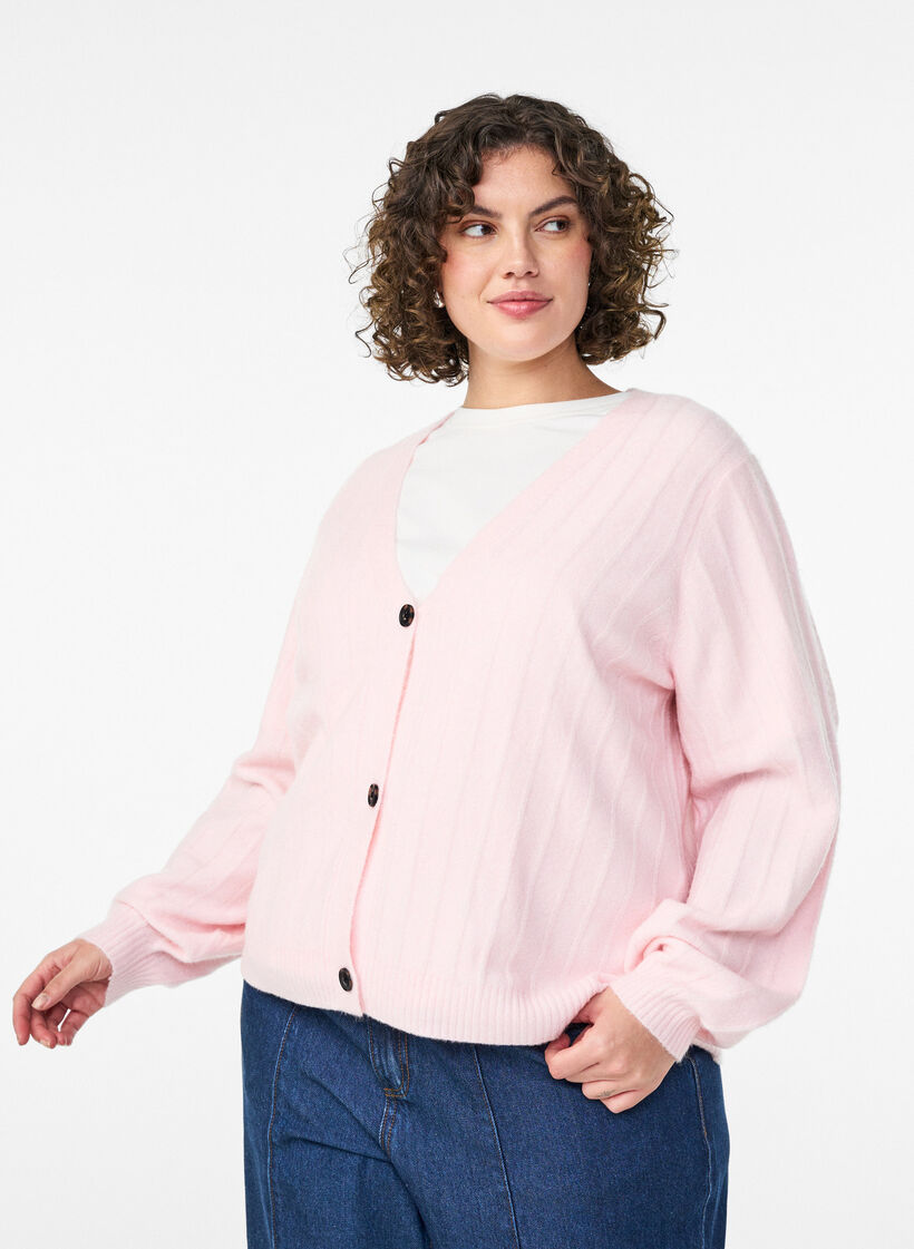 Cardigan med ribstruktur og ballonærmer, Lyserød, Model image number 0