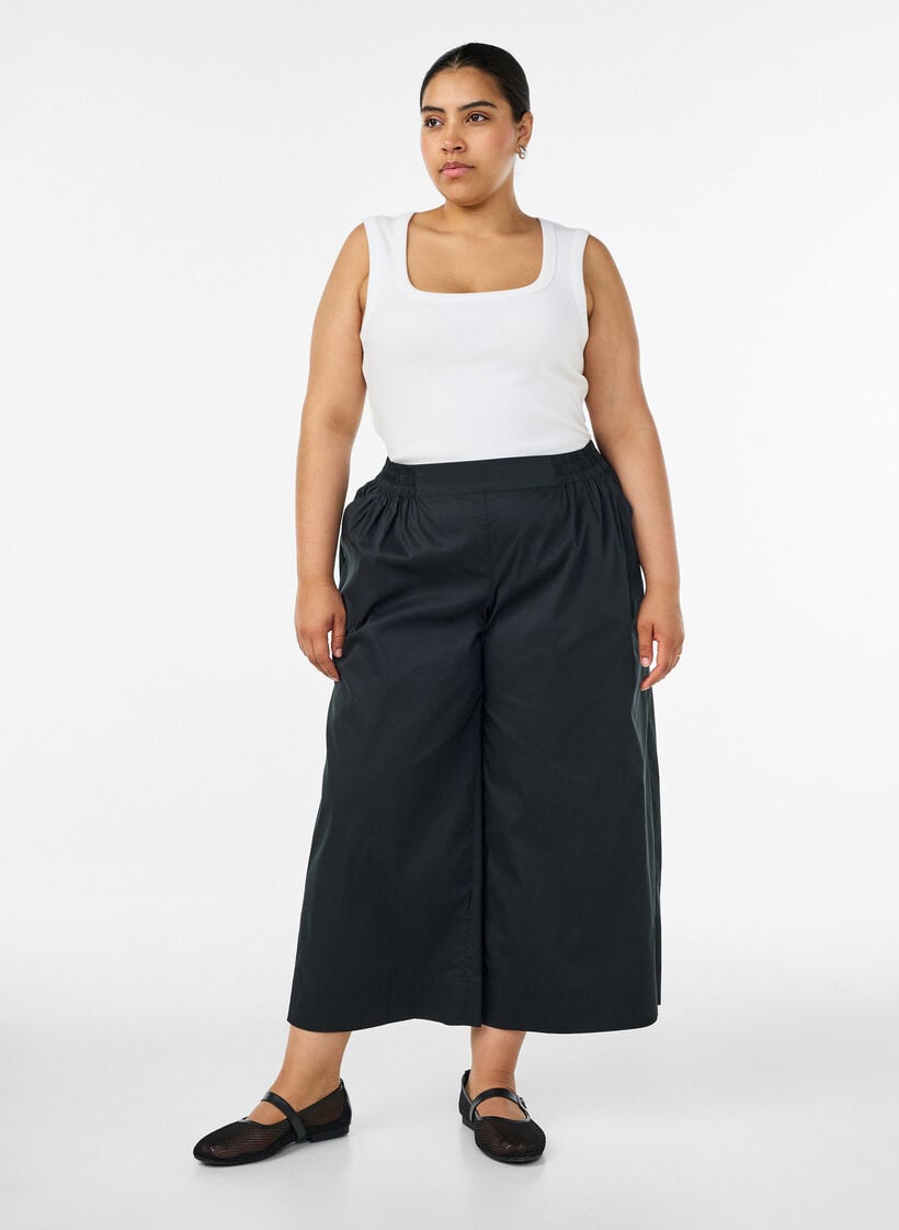 Culottebukser med elastisk talje og vidde, Sort, Model image number 0