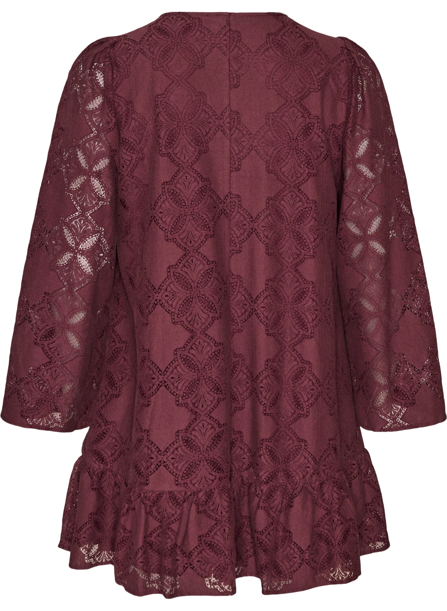 ZizziBlondekjole med lange &aelig;rmer og fl&aelig;sekant, M&oslash;rk Bordeaux, Packshot image number 1