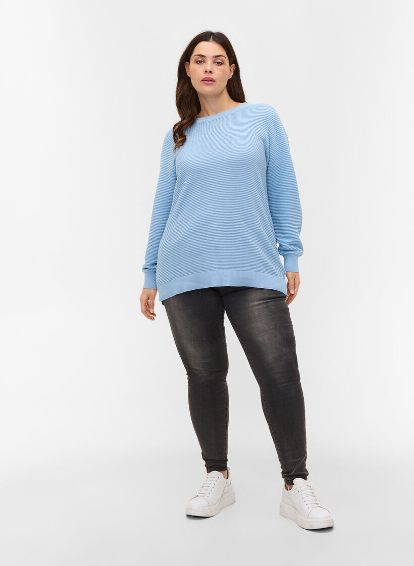 Langærmet strikbluse i økologisk bomuld, Chambray Blue, Model image number 2