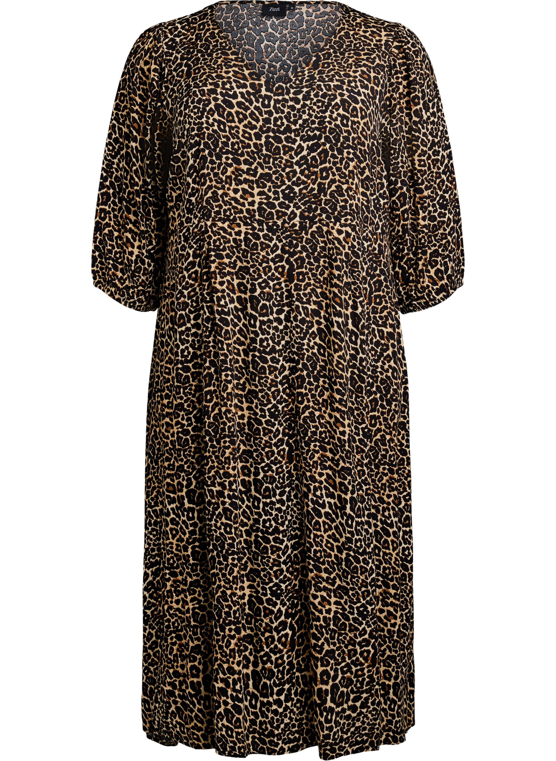 Zizzi Midikjole med leopardprint og 3/4 &aelig;rmer, Brun, Packshot image number 0
