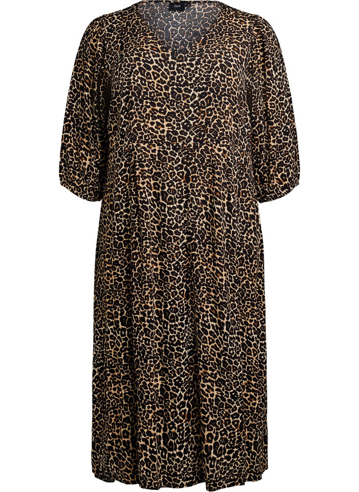 Midikjole med leopardprint og 3/4 &aelig;rmer, Brun, Packshot image number 0