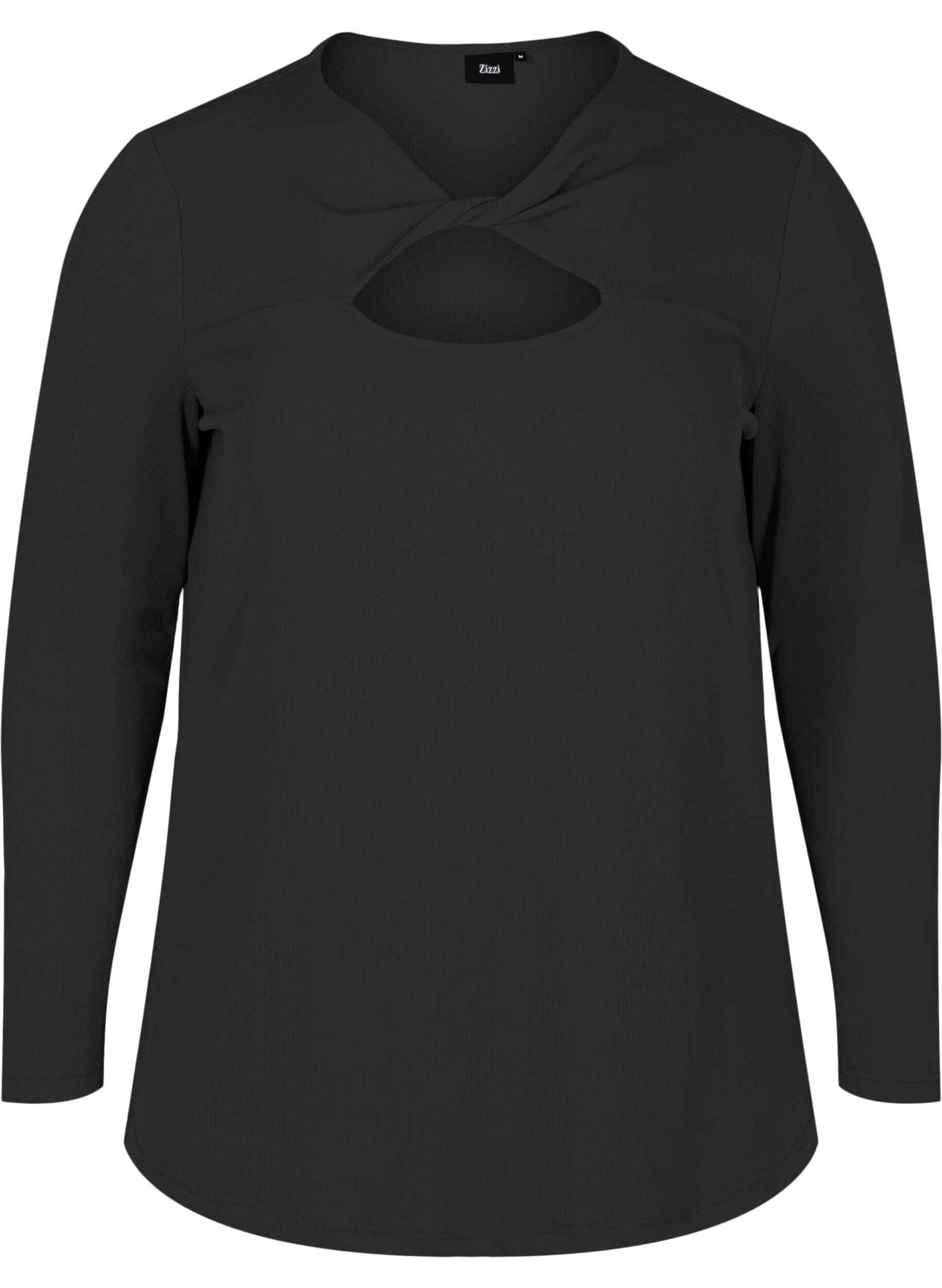 Zizzi Bluse med udsk&aring;ret parti og lange &aelig;rmer, Black, Packshot image number 0