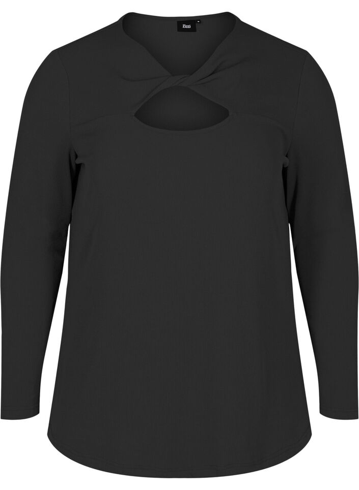 Bluse med udskåret parti og lange ærmer, Black, Packshot image number 0