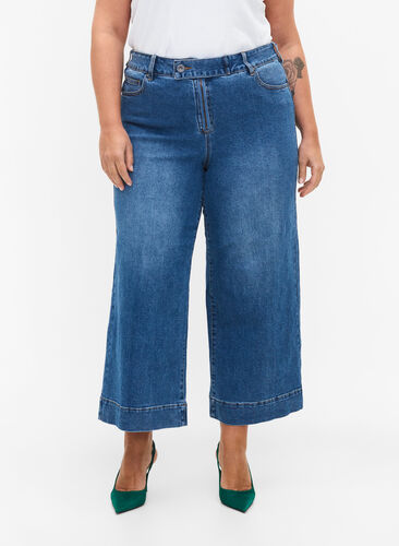 Cropped jeans med vidde, Blue denim, Model image number 2