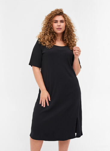 Kortærmet kjole i ribkvalitet , Black, Model image number 0