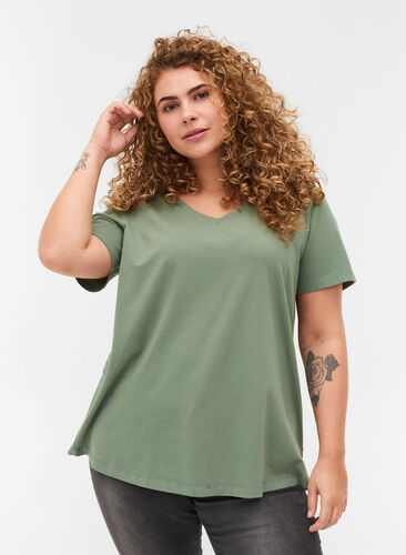 Basis t-shirt med v-hals, Agave Green, Model image number 0