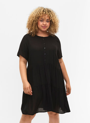 Kortærmet viskose kjole med a-form, Black, Model image number 0