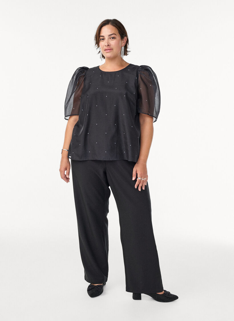 Festbluse i organza-look med prikker, Sort, Model image number 1